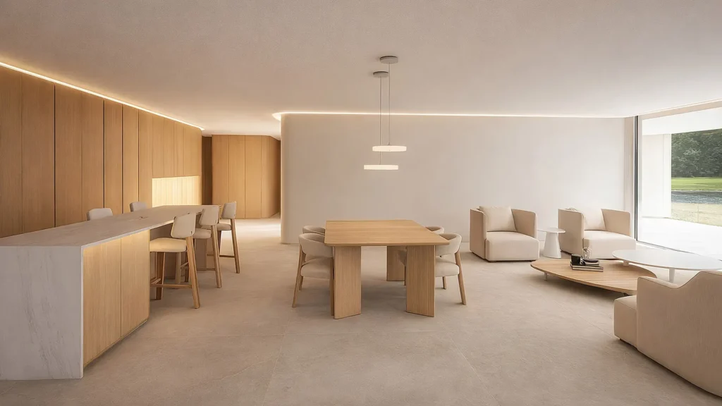 Interior minimalista y luminoso de casa modular de diseño contemporáneo